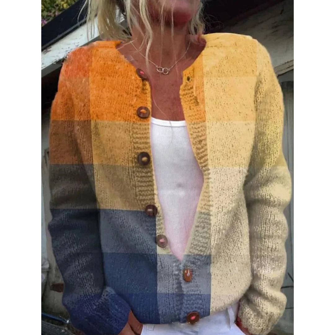 Woman wearing a yellow colour-block knit cardigan