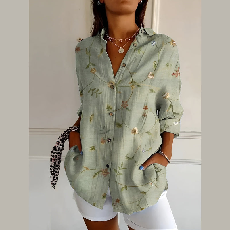 Women's Printed Shirt Blouse with Rolled Sleeves for Spring Summer