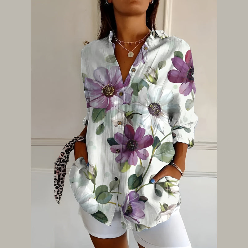 Women's printed shirt blouse in purple floral