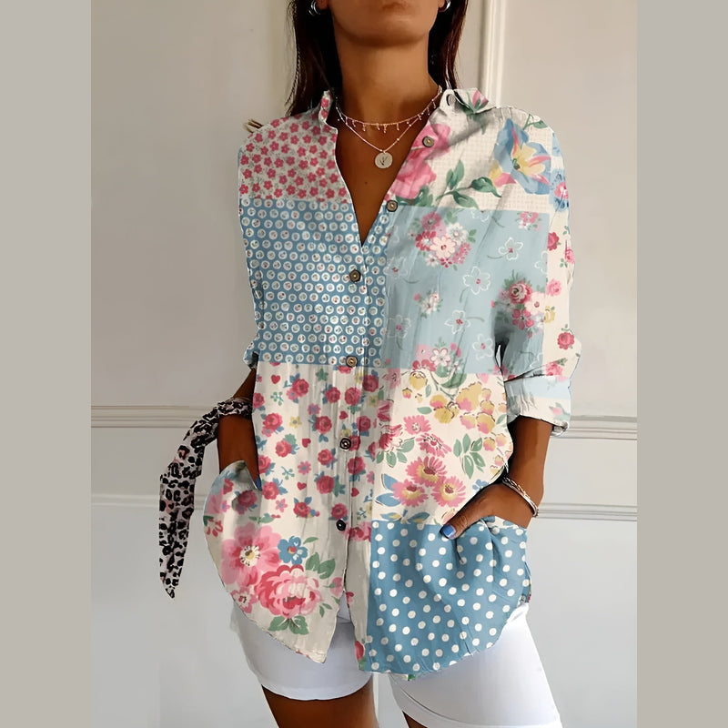 Woman wearing the blue patchwork shirt blouse – side view