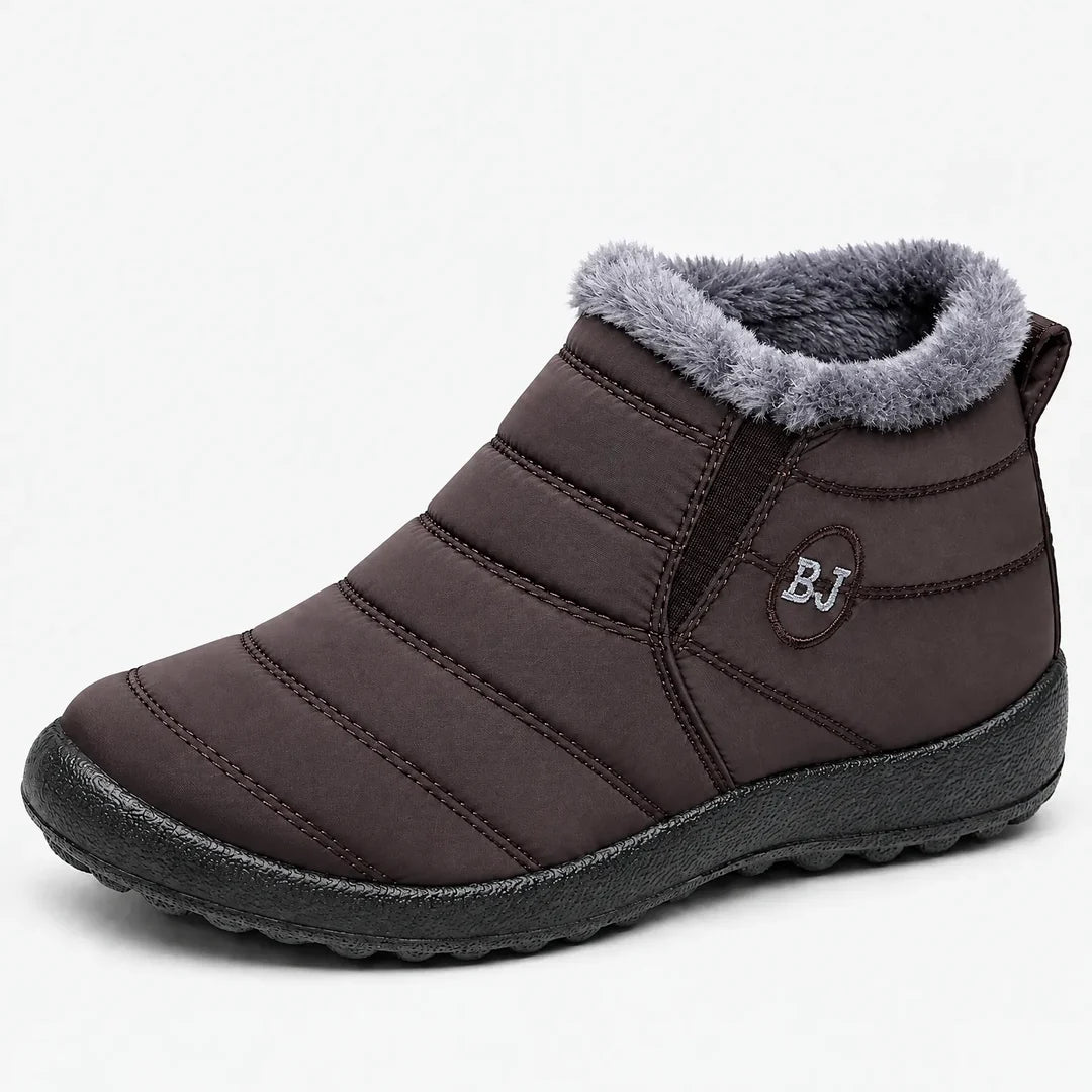 Women's brown quilted ankle boot with fleece-look collar