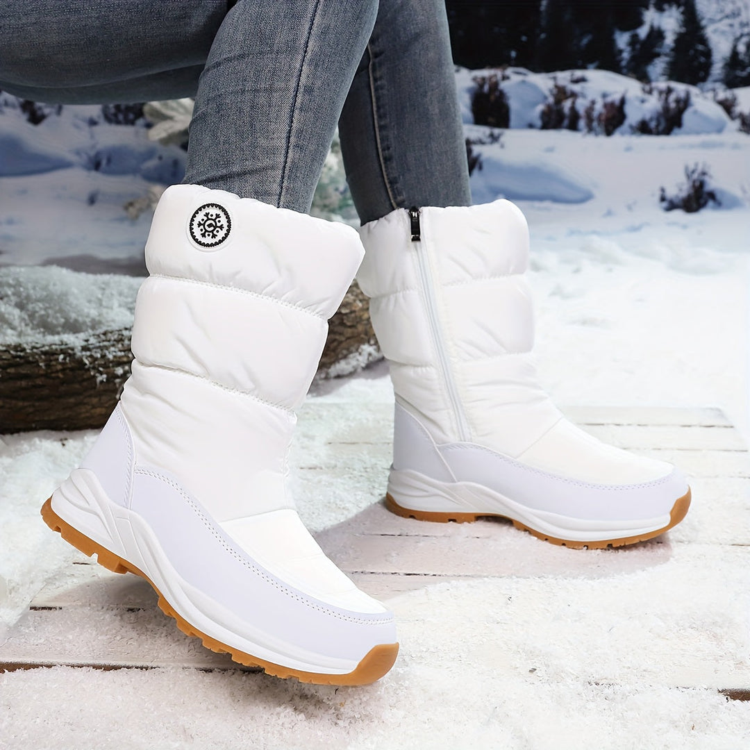 Woman wearing white quilted winter boots