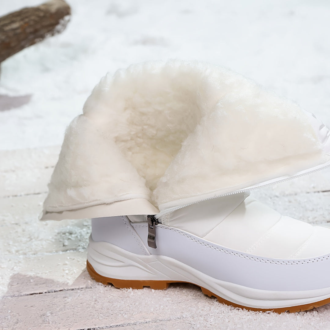 Woman holding a white quilted winter boot
