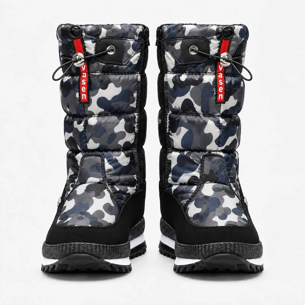 Women's grey camo quilted snow boots