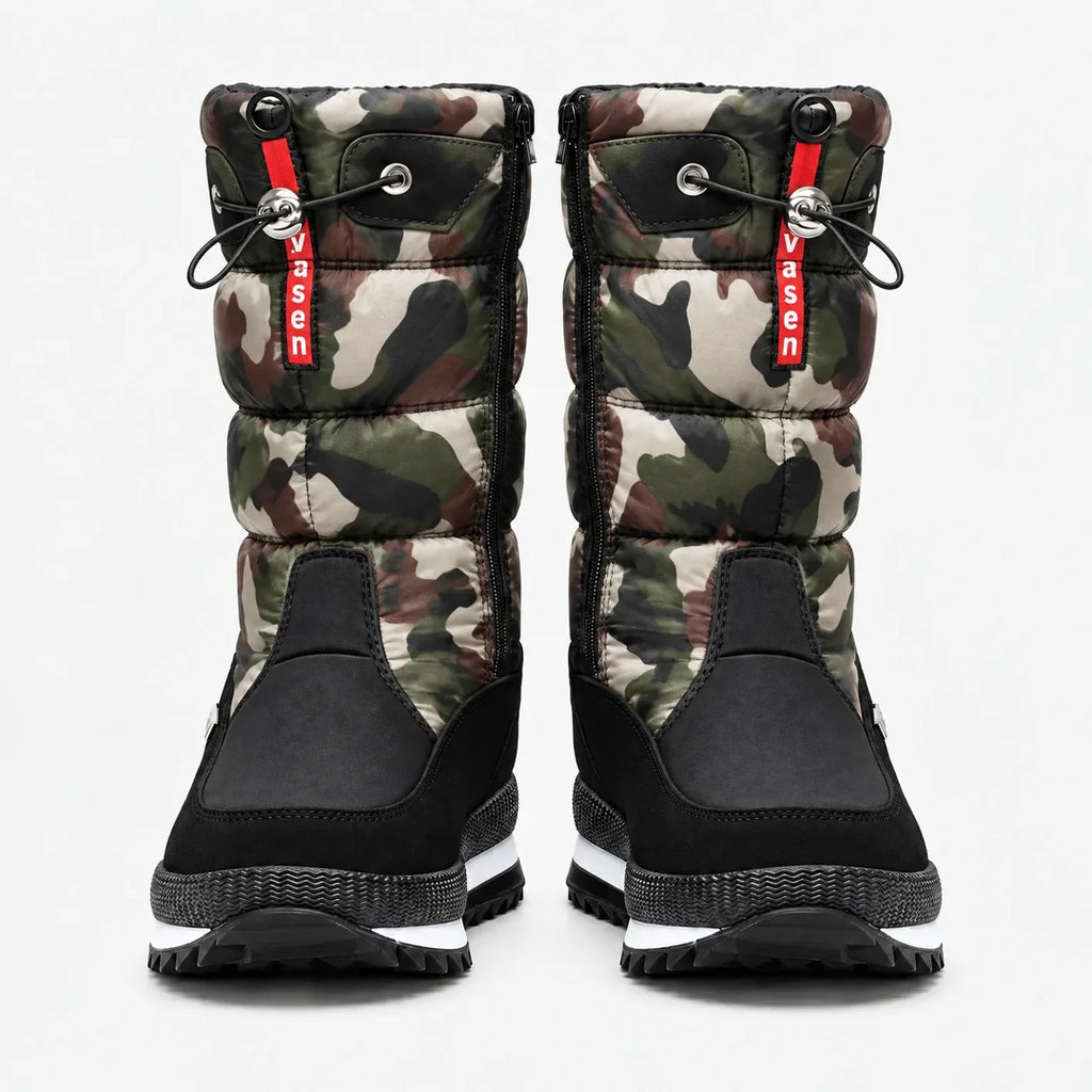 Women's green camo quilted snow boots