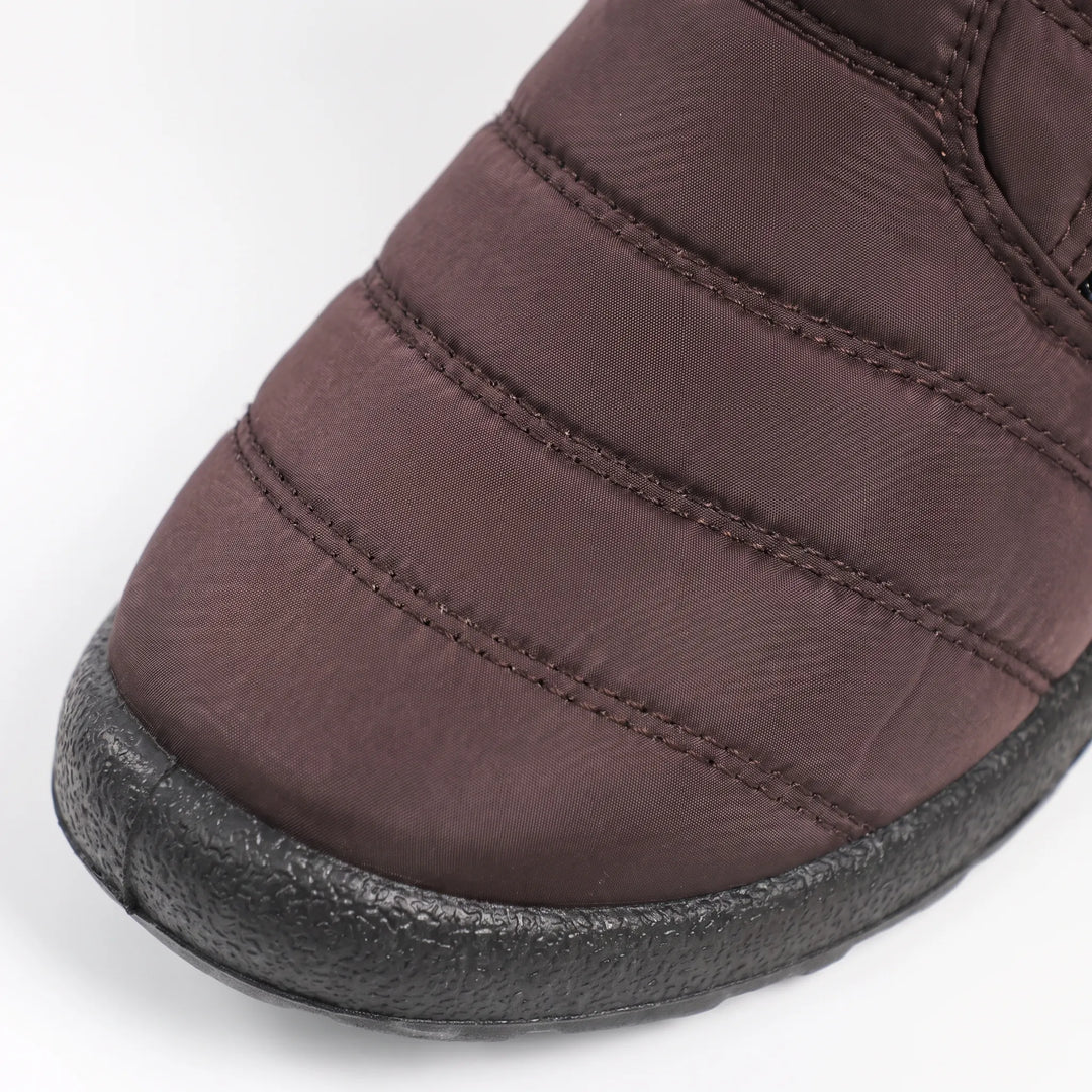 Close-up of the quilted toe on the brown boot