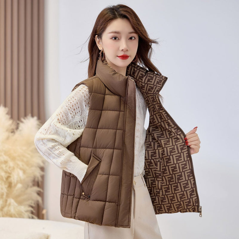 Women's quilted zip vest with high collar in coffee
