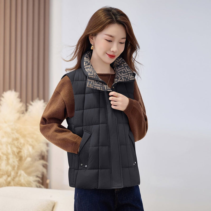 Women's quilted zip vest with high collar in black