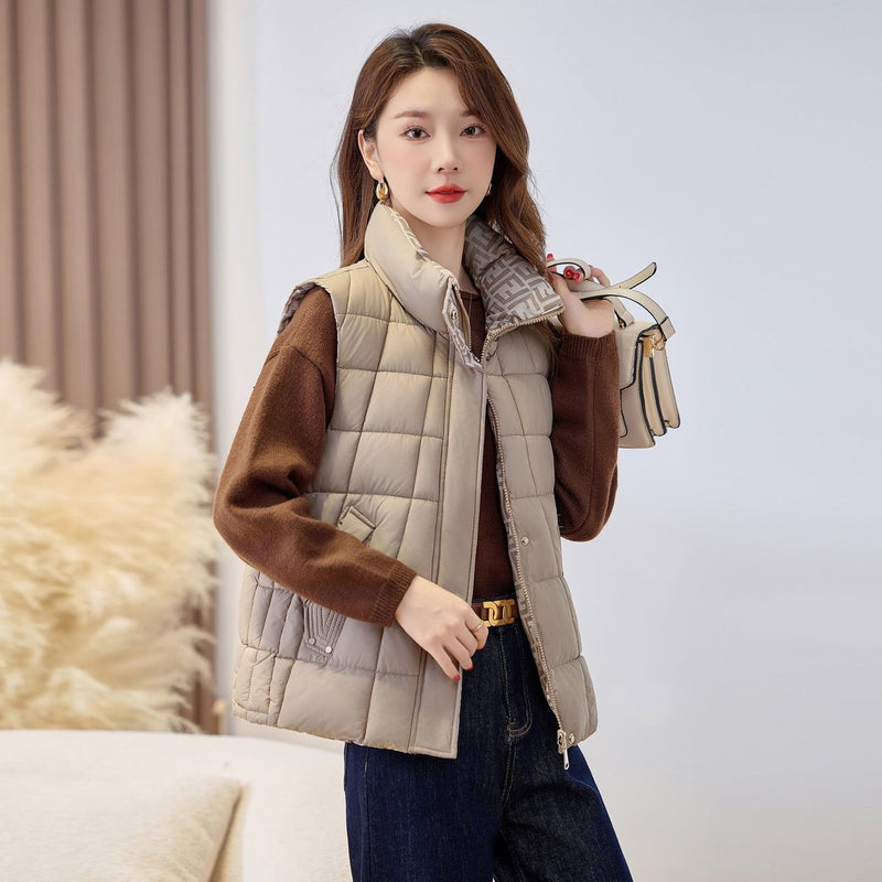 Women's quilted zip vest with high collar in apricot