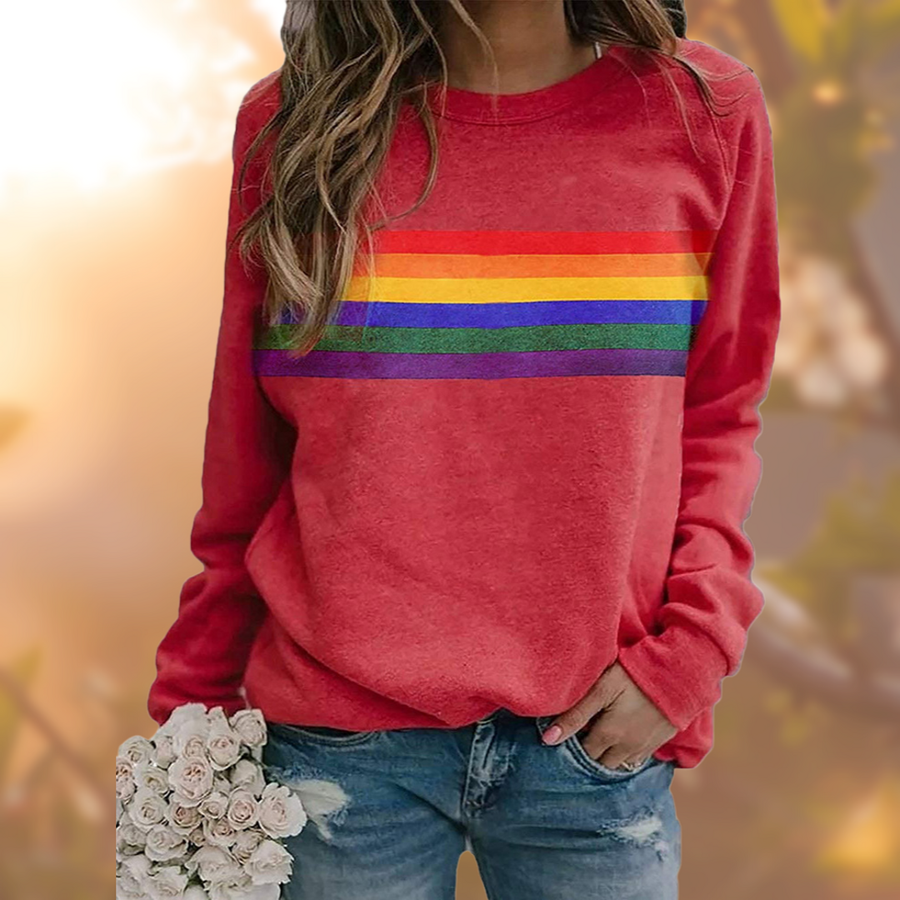 Women's Rainbow Stripe Sweater with Round Neck for Everyday Wear