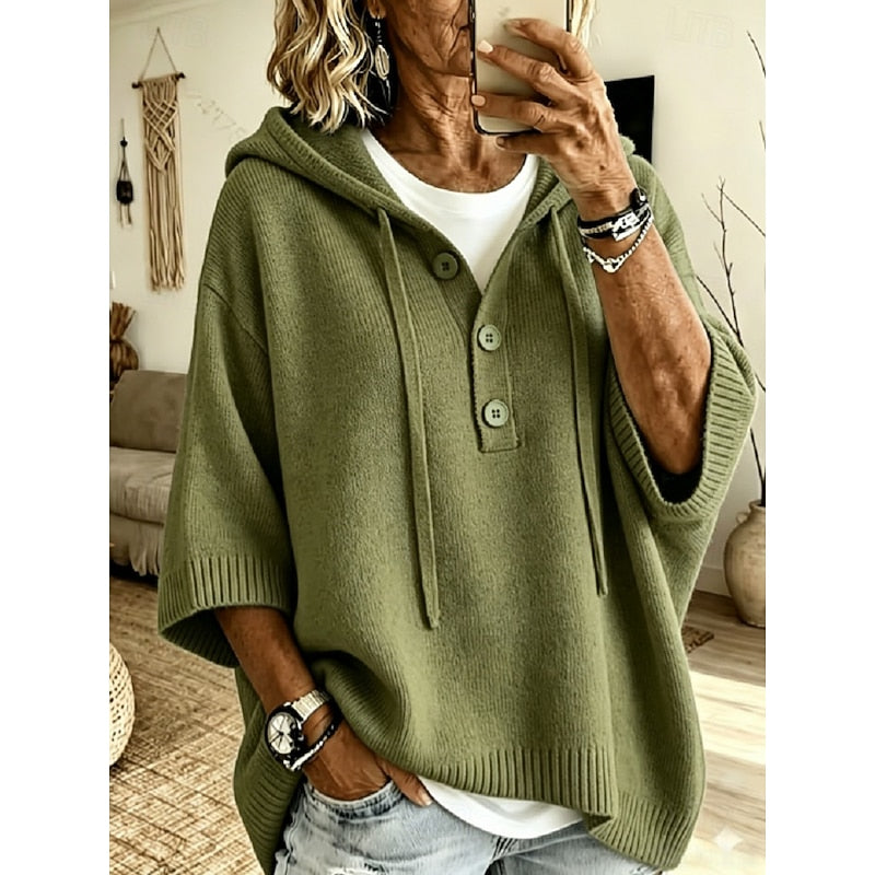 Women's relaxed hooded knit sweater in military green