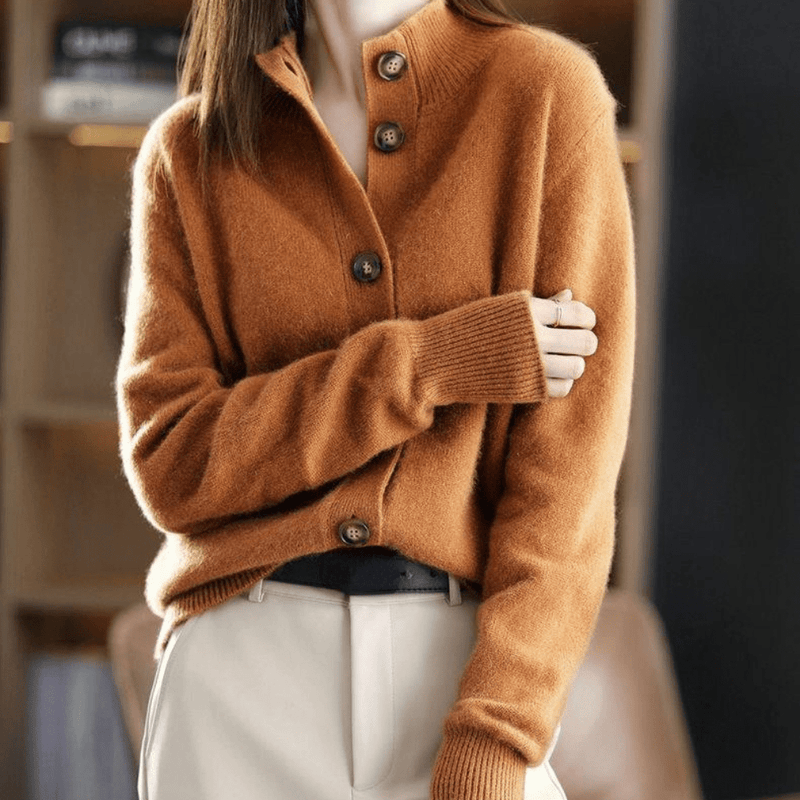 Woman wearing the orange knit cardigan – front view