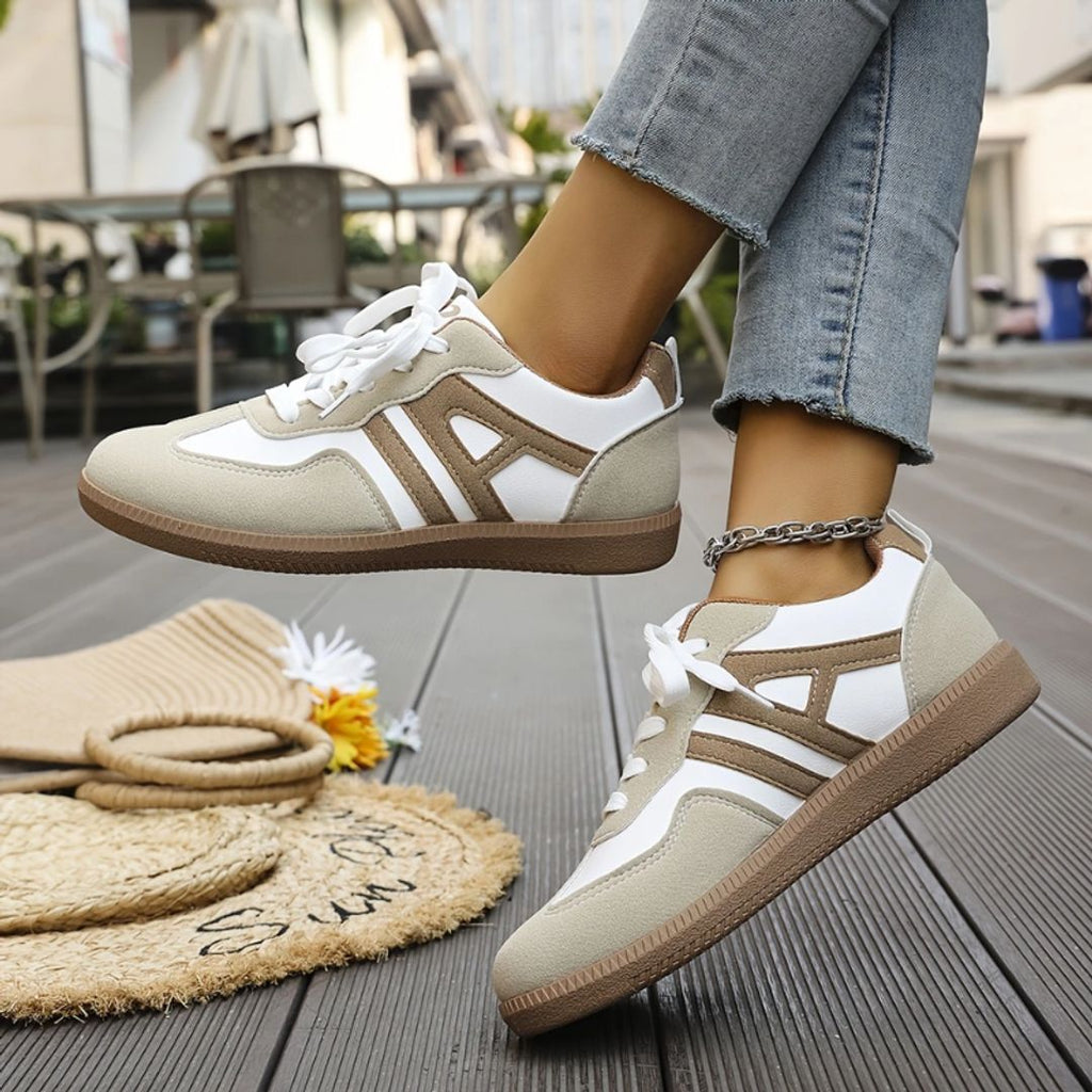 Women's retro contrast stripe sneakers in white taupe, side view