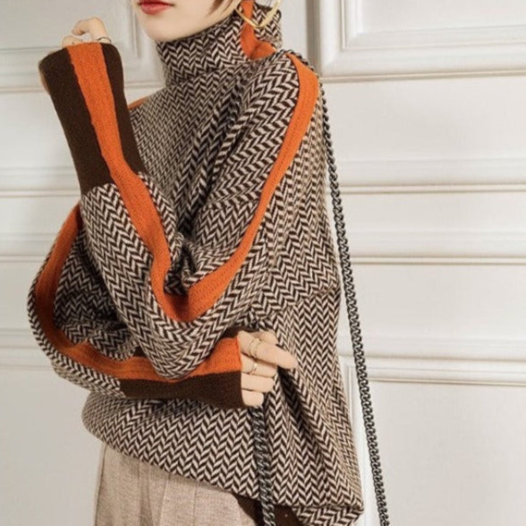 Woman wearing a retro knit turtleneck – side view