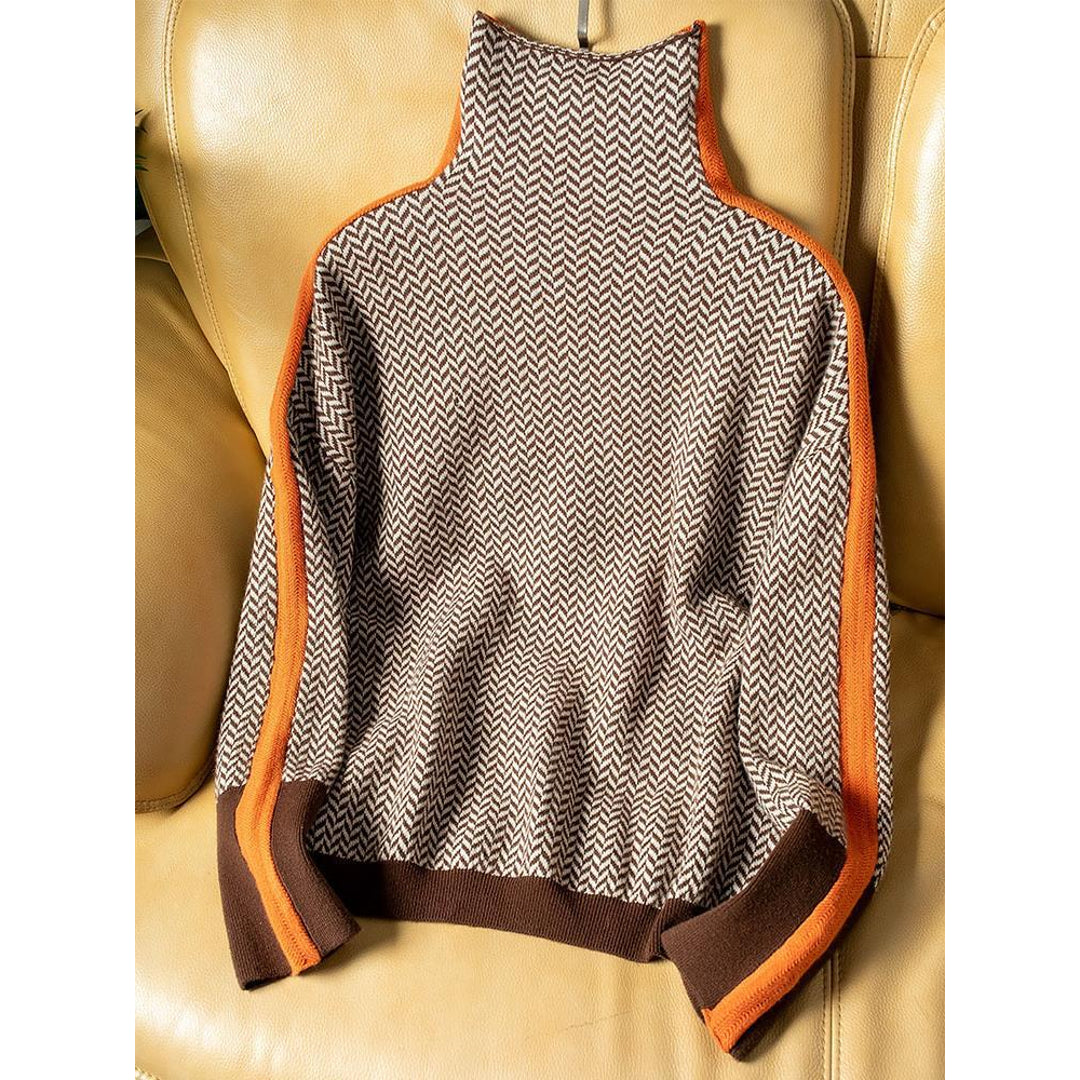 Taupe turtleneck sweater with orange stripes – flat lay
