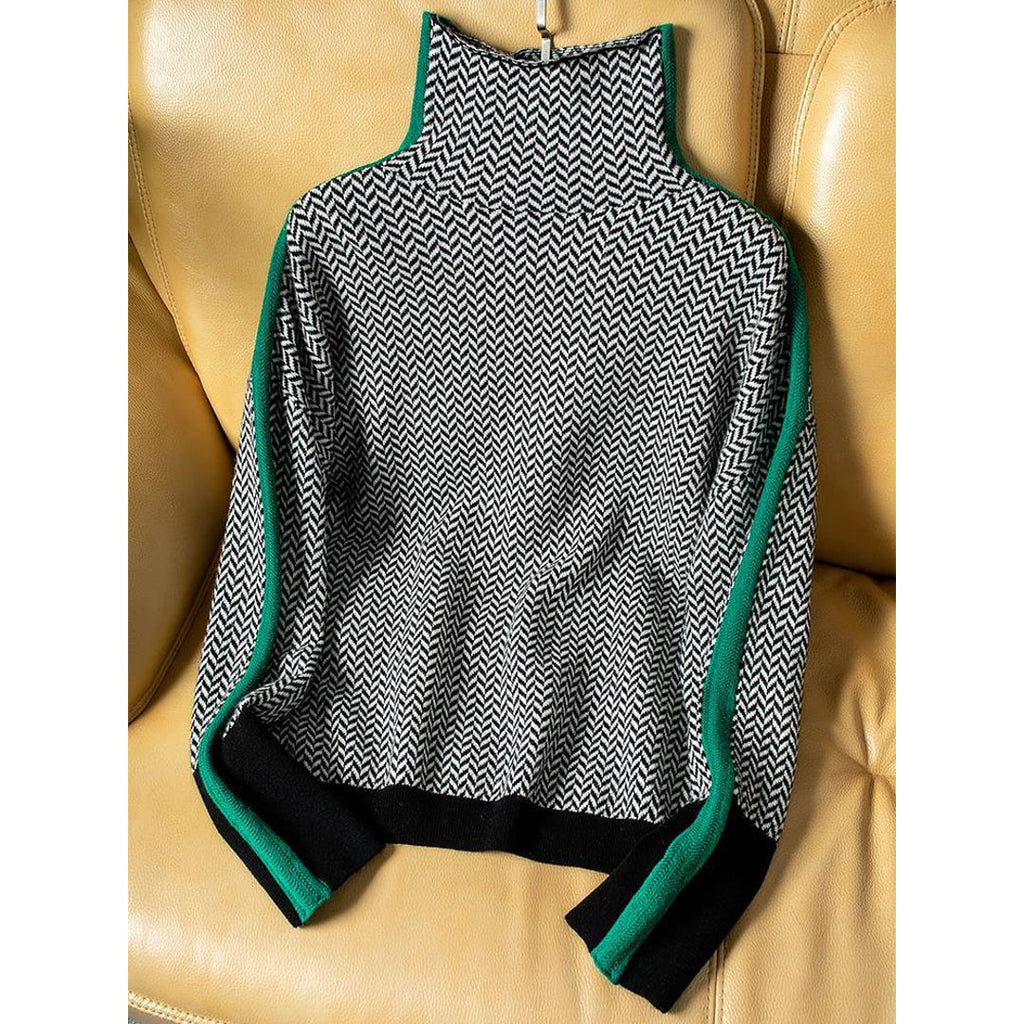 Grey turtleneck sweater with green stripes – flat lay