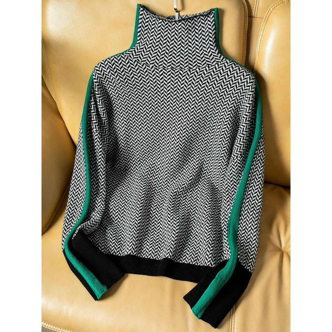 Grey turtleneck sweater with green stripes – flat lay