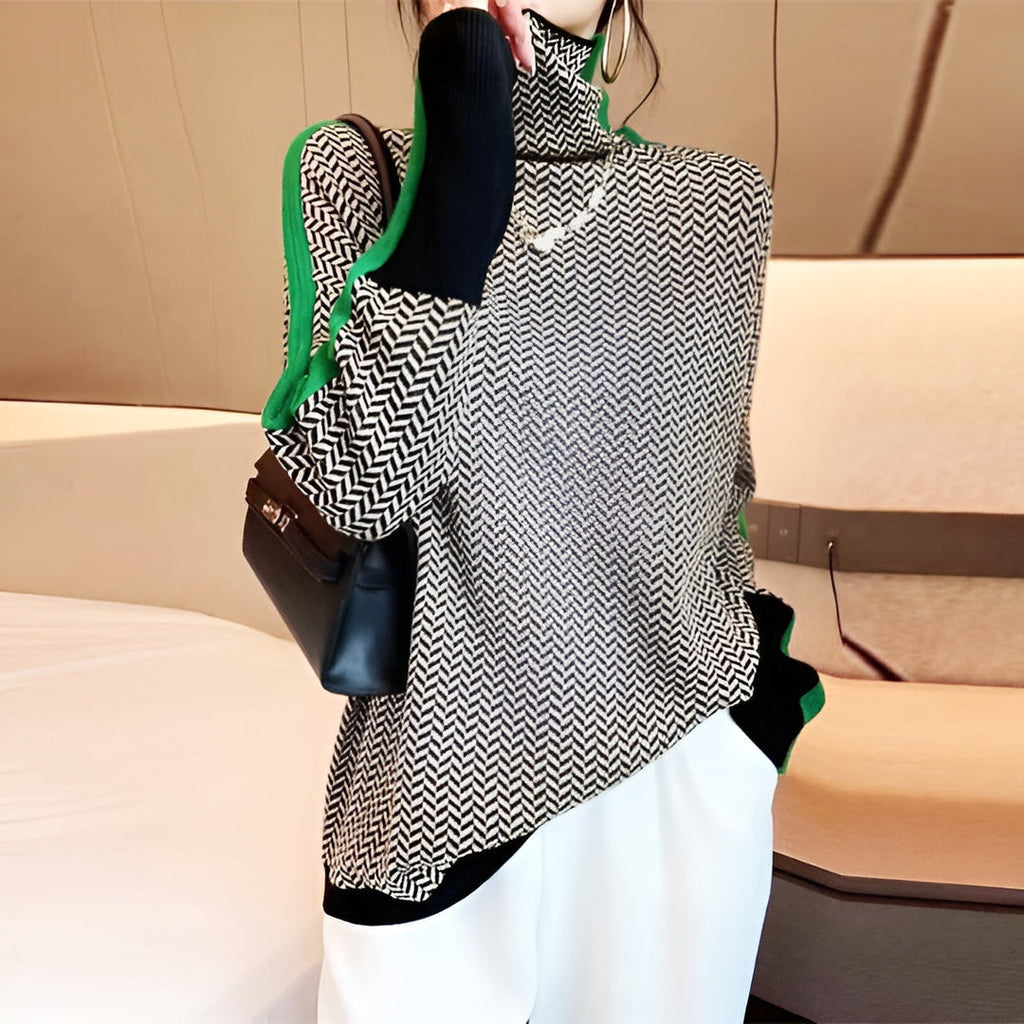 Woman wearing a grey turtleneck with green stripes