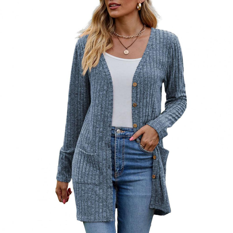 Women's Ribbed Open-Front Cardigan with Pockets for Everyday Wear