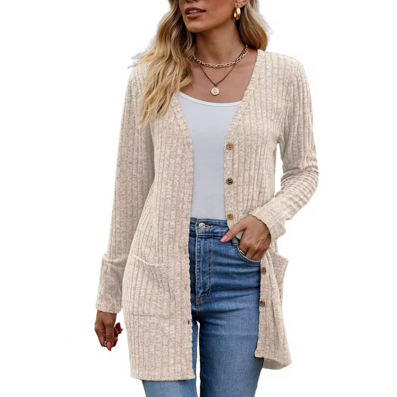 Women's ribbed open-front cardigan in beige