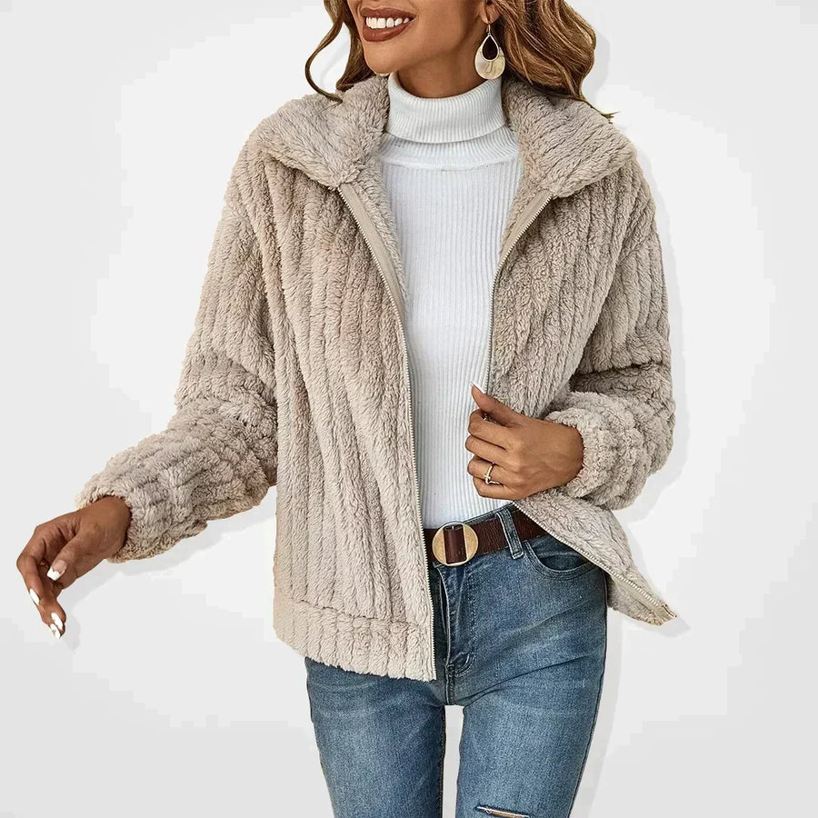 Women's Ribbed Teddy Zip Jacket with Shirt Collar for Everyday Wear