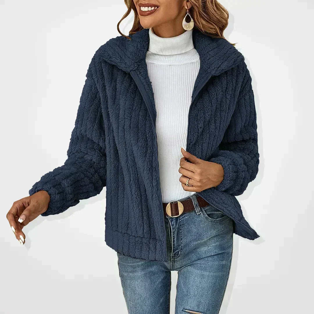 Women's navy blue teddy jacket with shirt collar