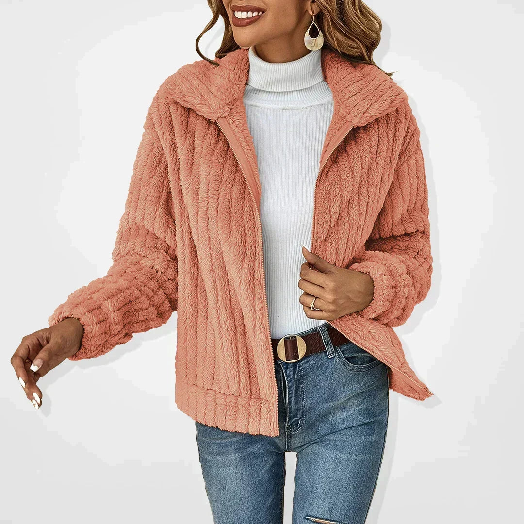 Women's coral teddy jacket with shirt collar