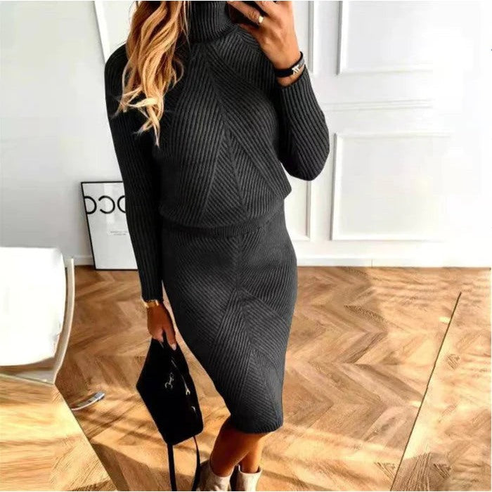 Women's Ribbed Turtleneck Knit Dress with Fitted Skirt for Cosy Days Out