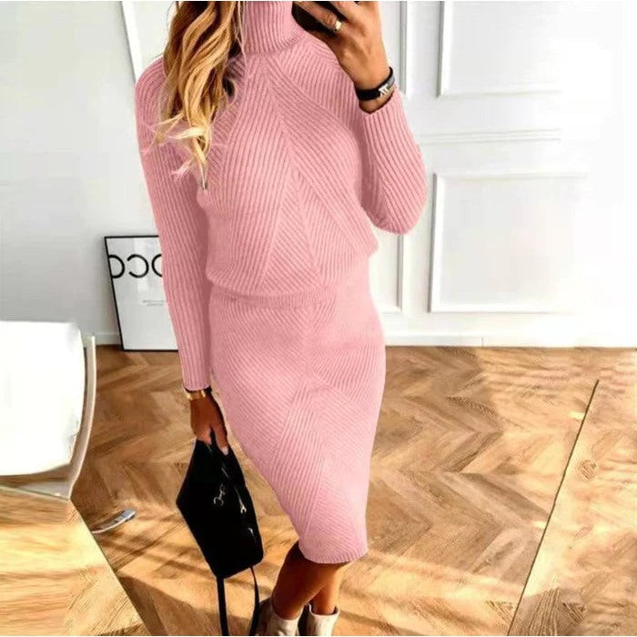 Women's ribbed turtleneck knit dress in pink