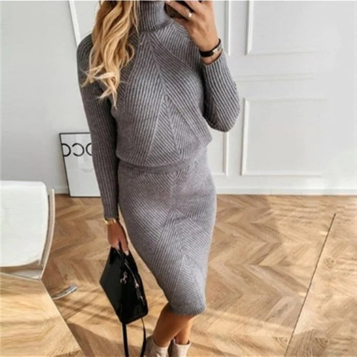Women's ribbed turtleneck knit dress in grey