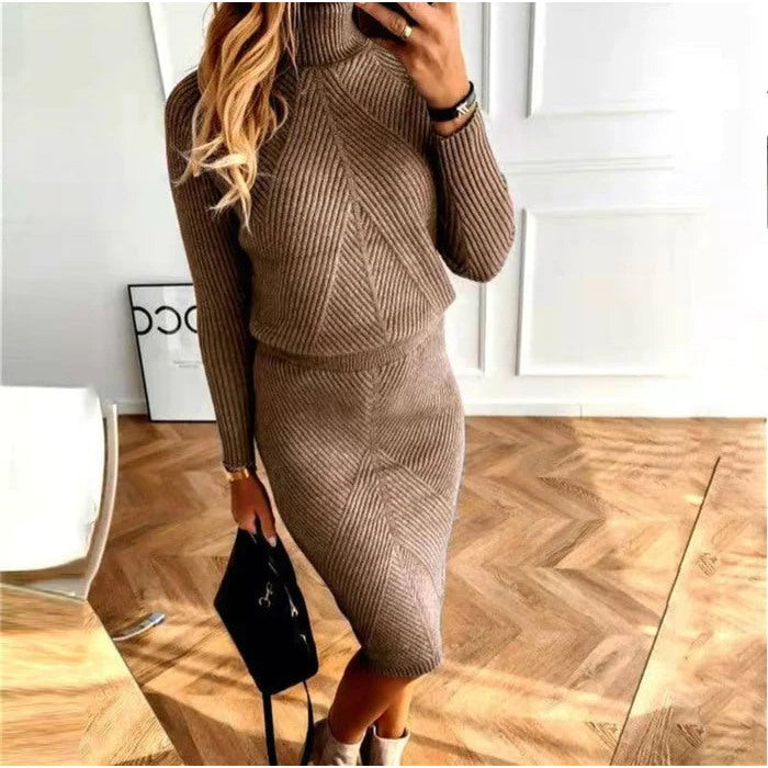Women's ribbed turtleneck knit dress in brown