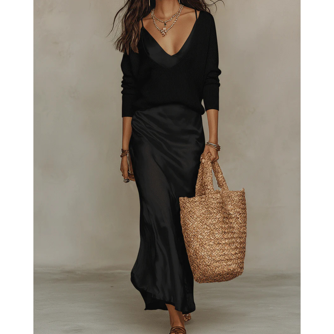 Woman wearing a black satin dress and knit sweater set