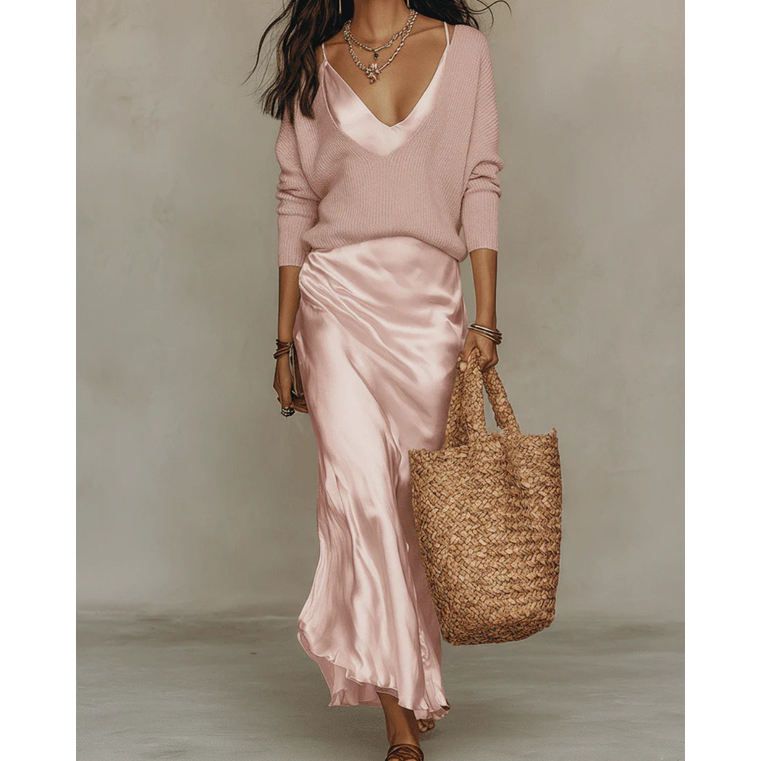 Woman wearing a pink satin midi dress with knit sweater