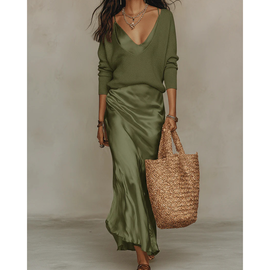 Woman wearing a military green satin midi set