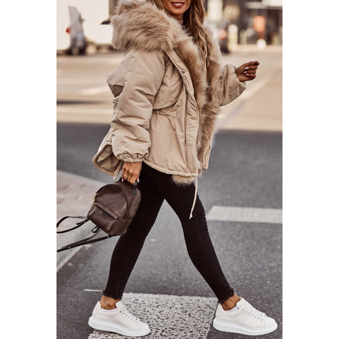 Women's beige short parka with backpack – side view