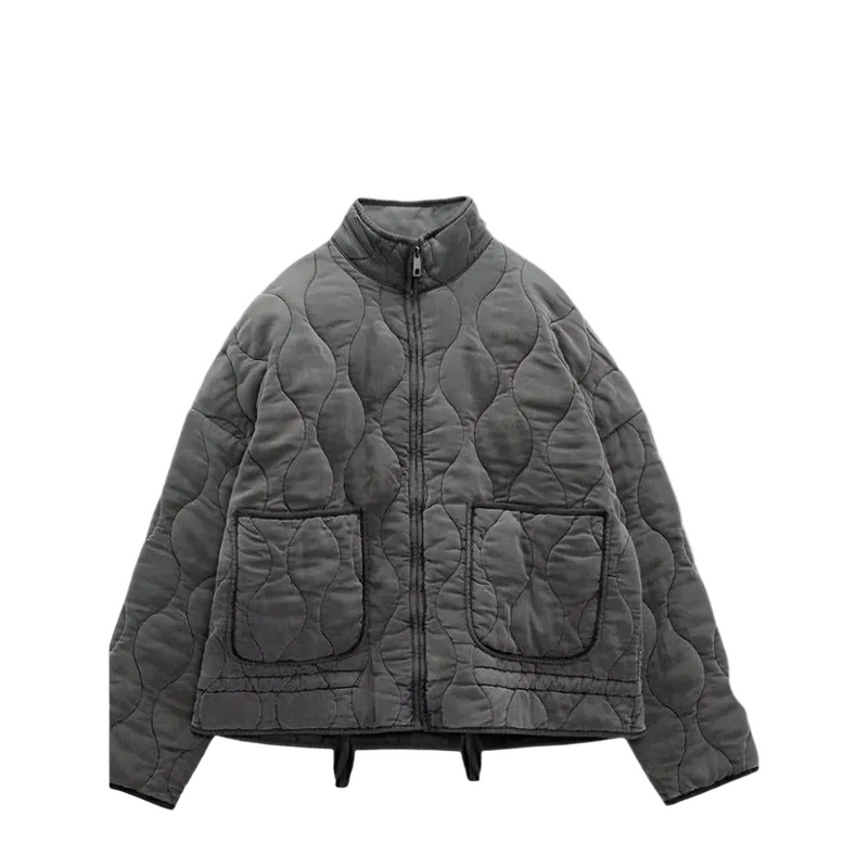 Women's Short Quilted Jacket with Stand Collar and Zip Front