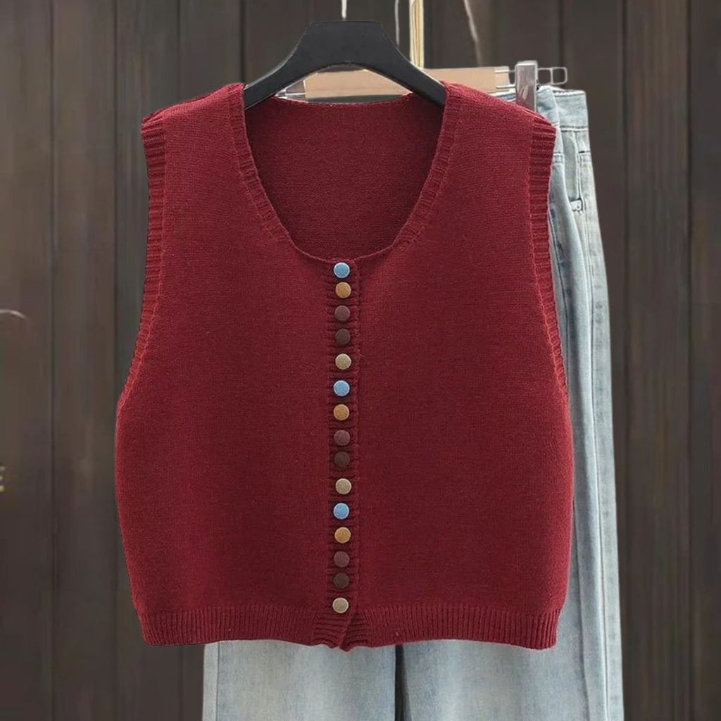 Women's Sleeveless Knit Vest with Colourful Buttons in burgundy