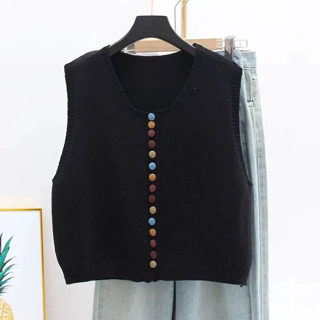 Women's Sleeveless Knit Vest with Colourful Buttons in black