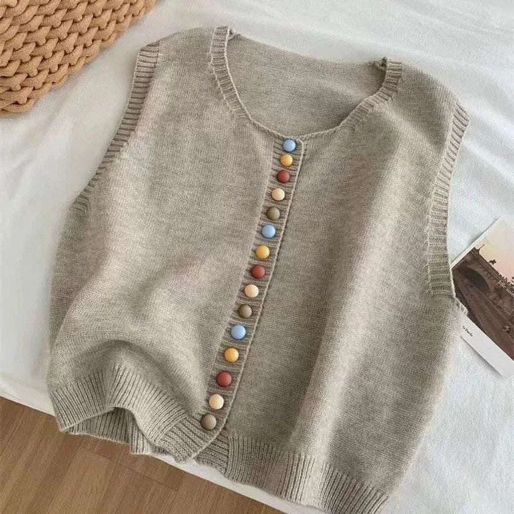 Women's Sleeveless Knit Vest with Colourful Buttons in beige