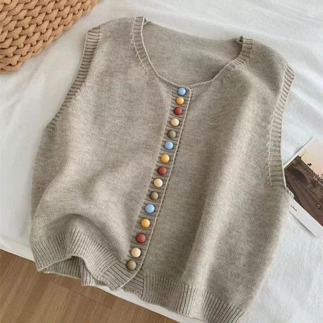 Women's Sleeveless Knit Vest with Colourful Buttons in beige
