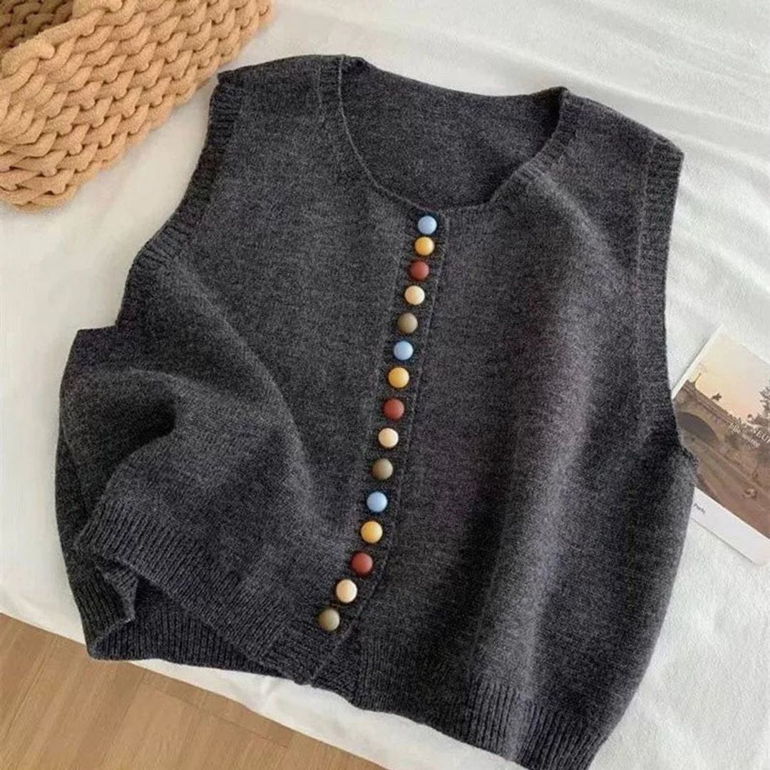 Women's Sleeveless Knit Vest with Colourful Buttons in dark grey