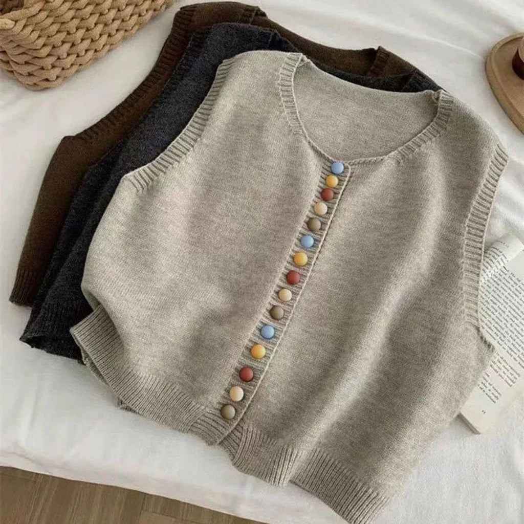 Women's Sleeveless Knit Vest with Colourful Buttons, beige and dark grey