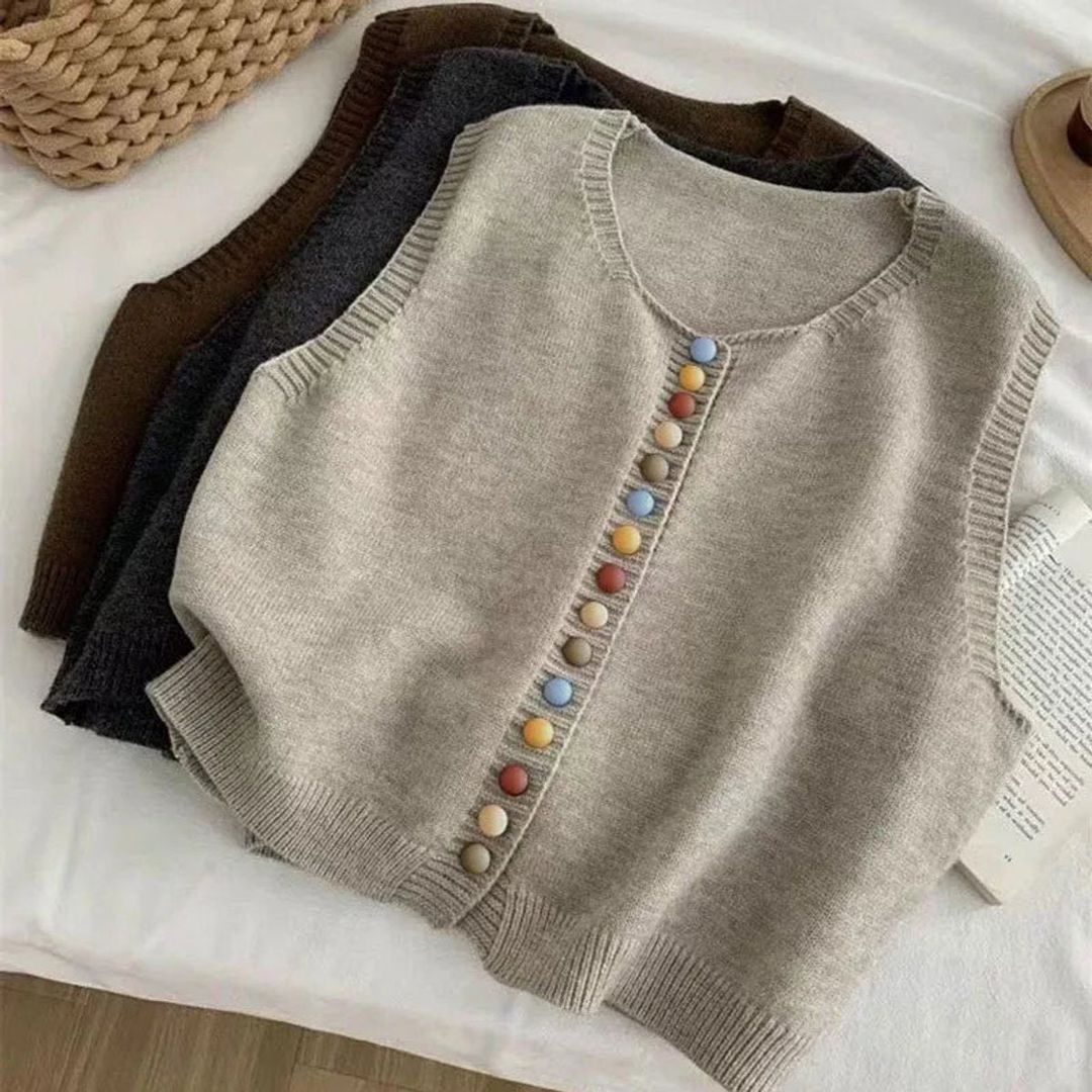 Women's Sleeveless Knit Vest with Colourful Buttons, beige and dark grey