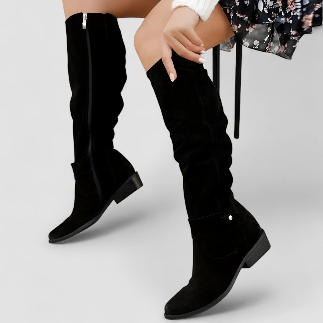 Women's black knee-high boots with block heel – side view