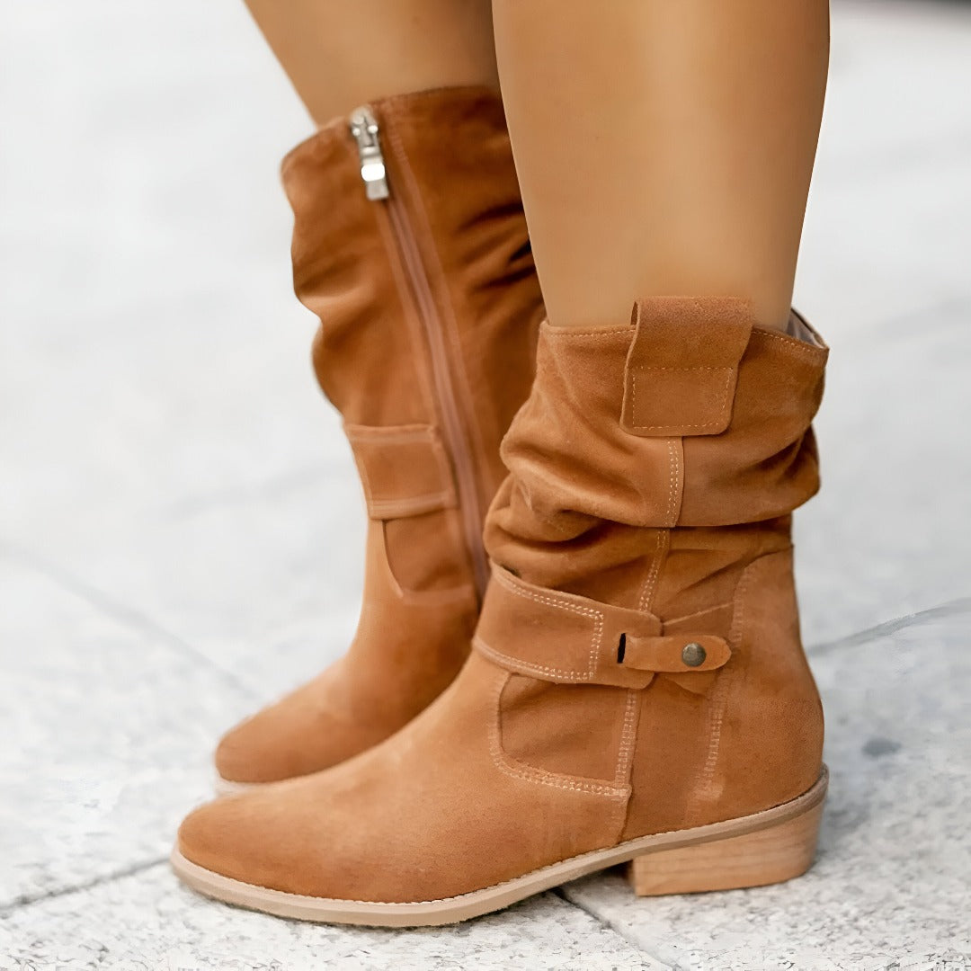 Brown slouchy boots with side zip – side view