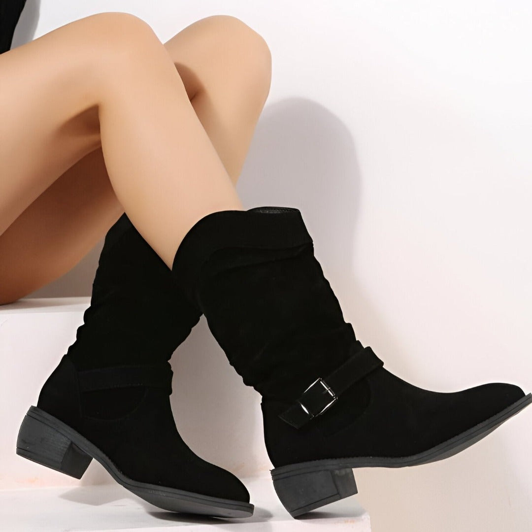 Black suede-look slouchy boots – seated view