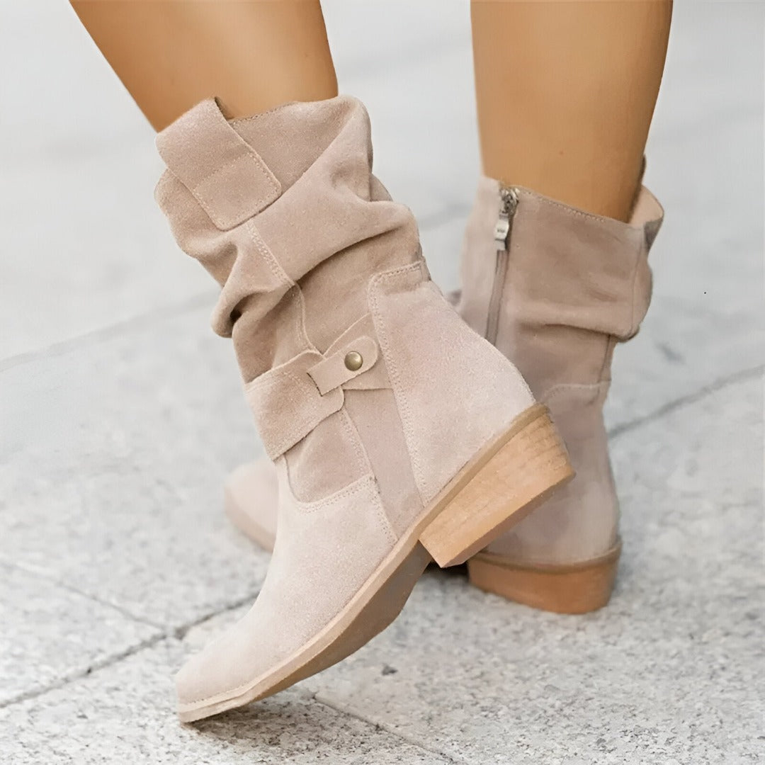 Beige suede-look boots with buckle strap