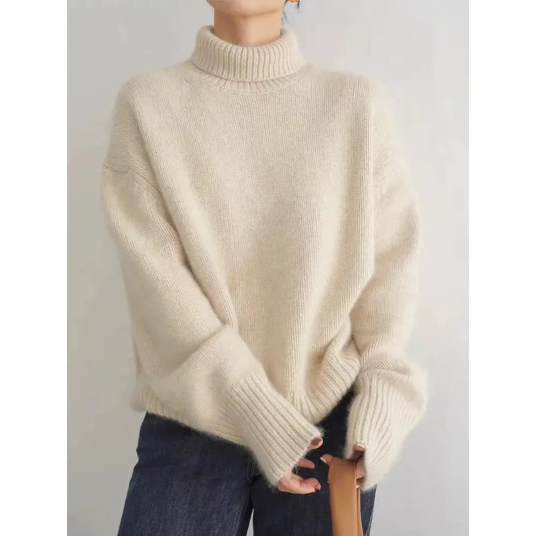 Women's beige soft knit roll neck sweater – front view