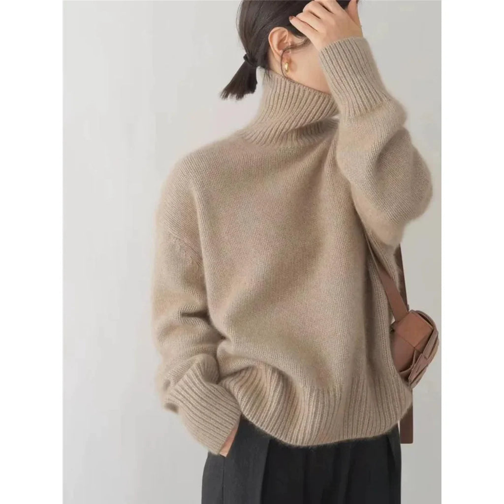 Women's khaki soft knit sweater – side view
