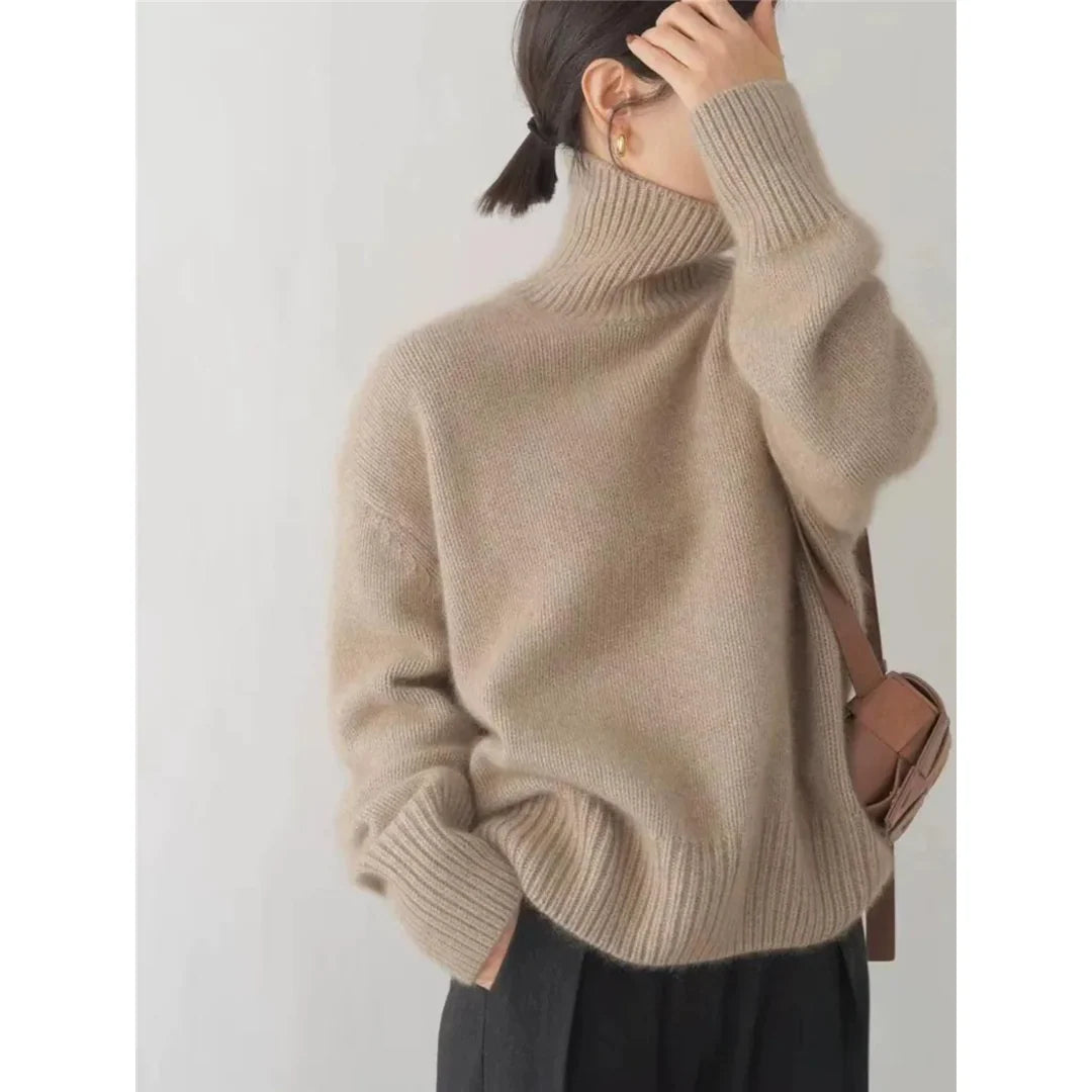 Women's khaki soft knit sweater – side view